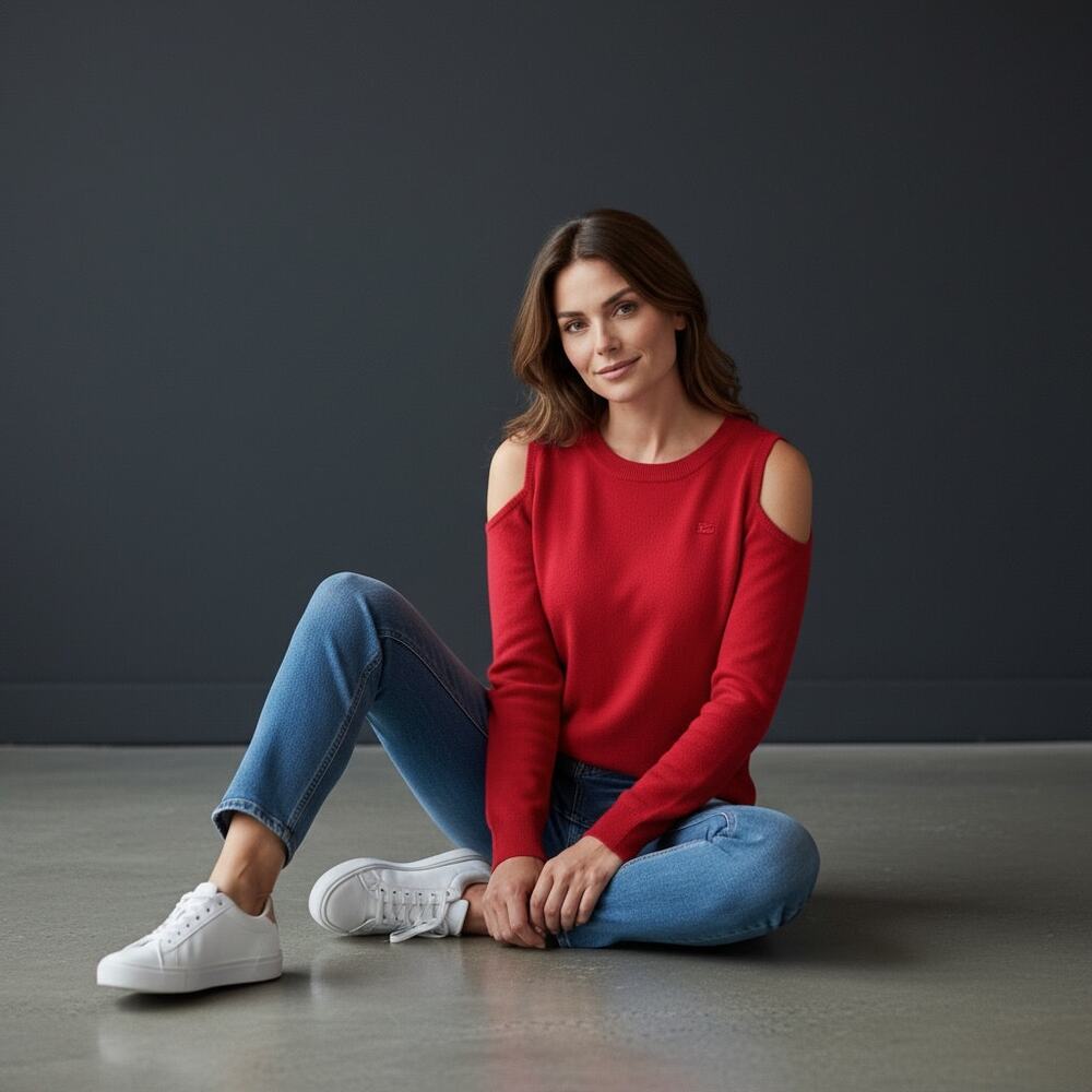 New York Collection pullover sweater crew rib knit open shoulder red large